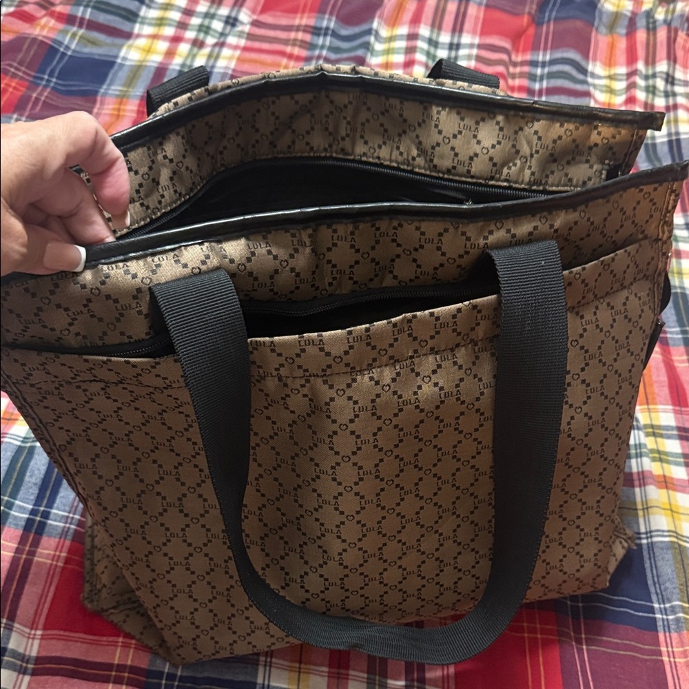 Monogram Pattern Brown Tote Bag with Black Straps